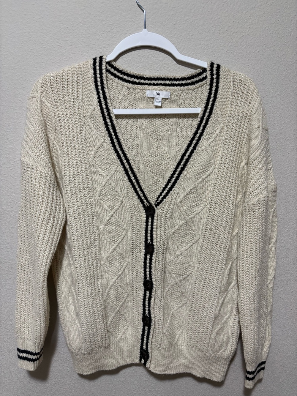 bp Cream Cable-Knit Cardigan with Black Trim